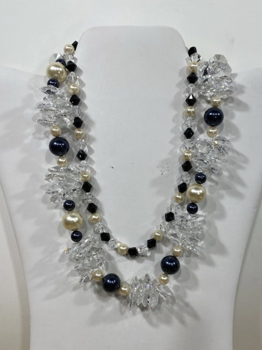 Vtg Rivioli Crystal /Faux Pearl / Black Accent Statement Necklace Double Strand